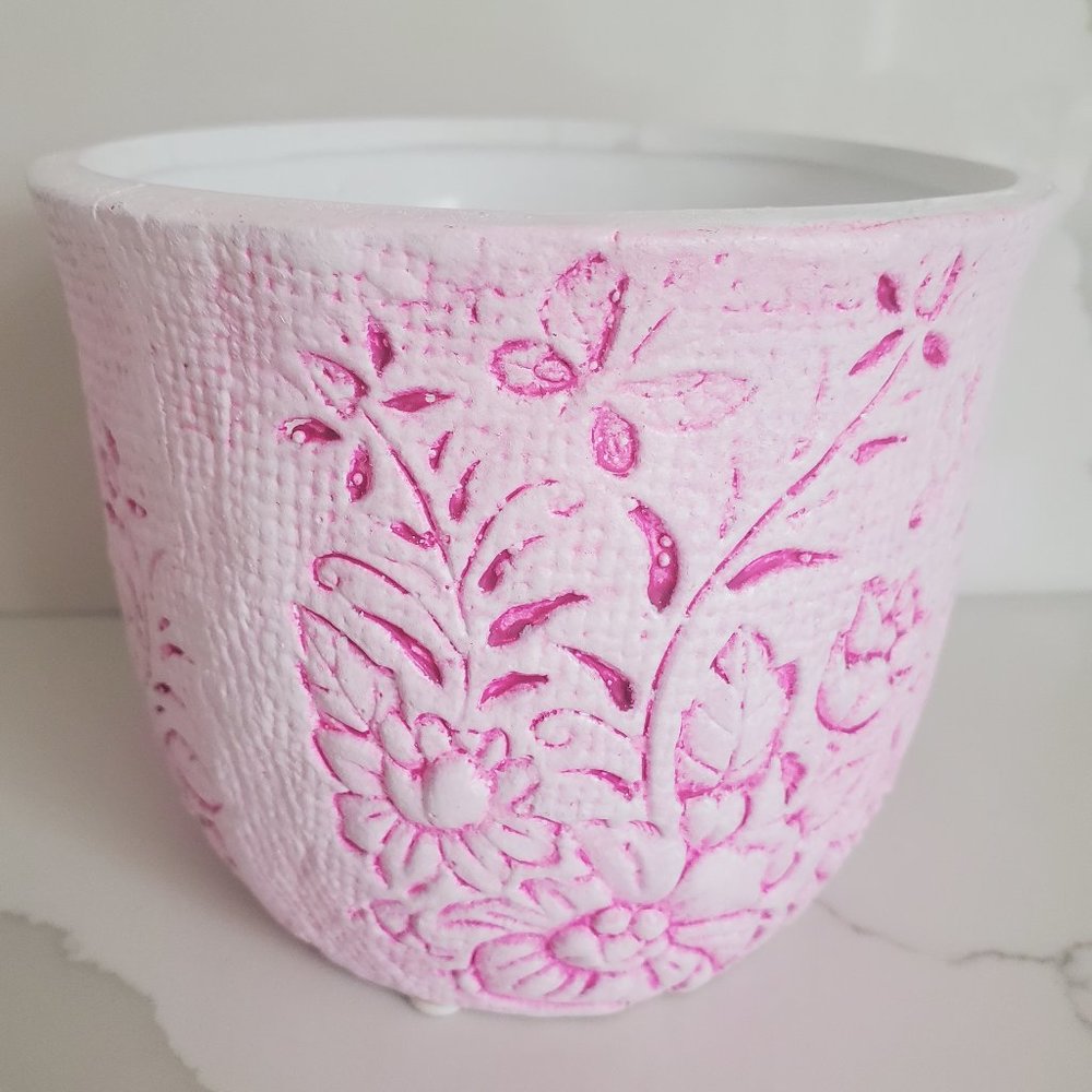 Handpainted Planter Vase Hot Pink & White Embossed Butterflies and Floral Design